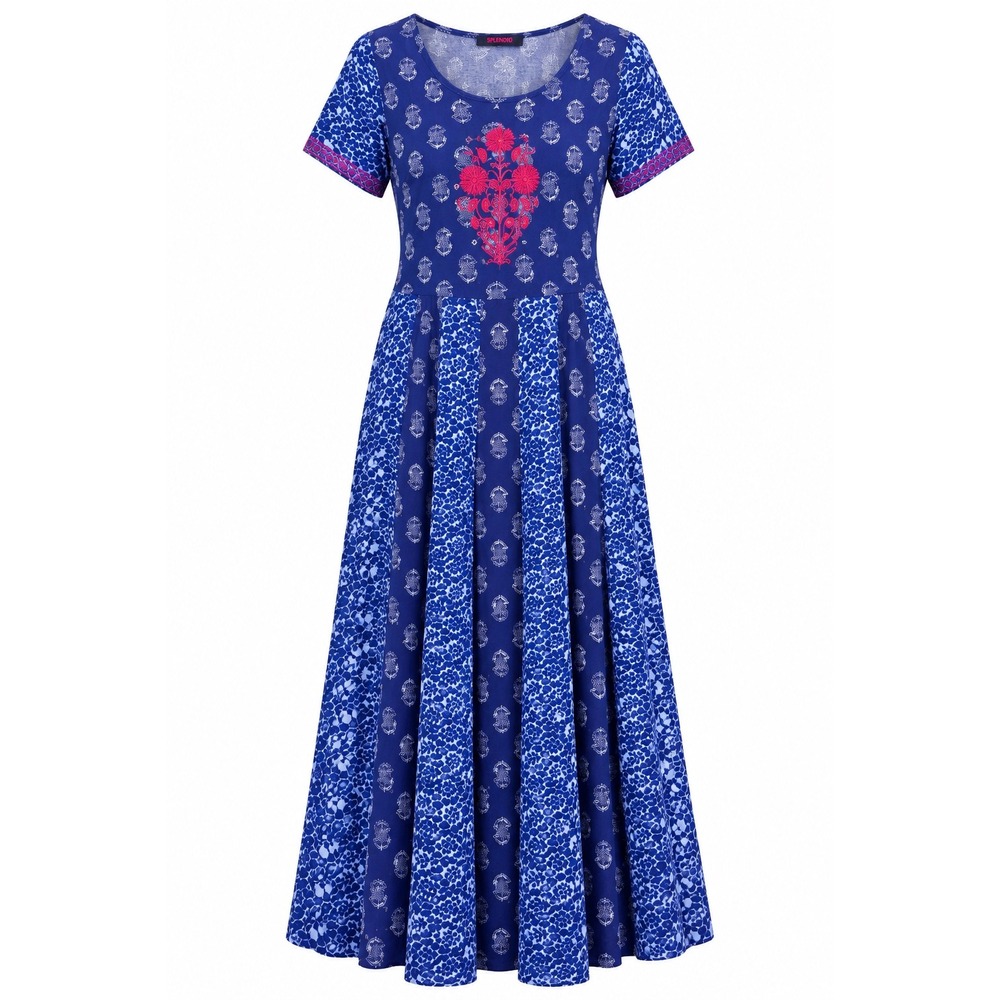 SRISHTI Small Blue Floral Block Print Rayon Maxi Dress Embroidered Boho